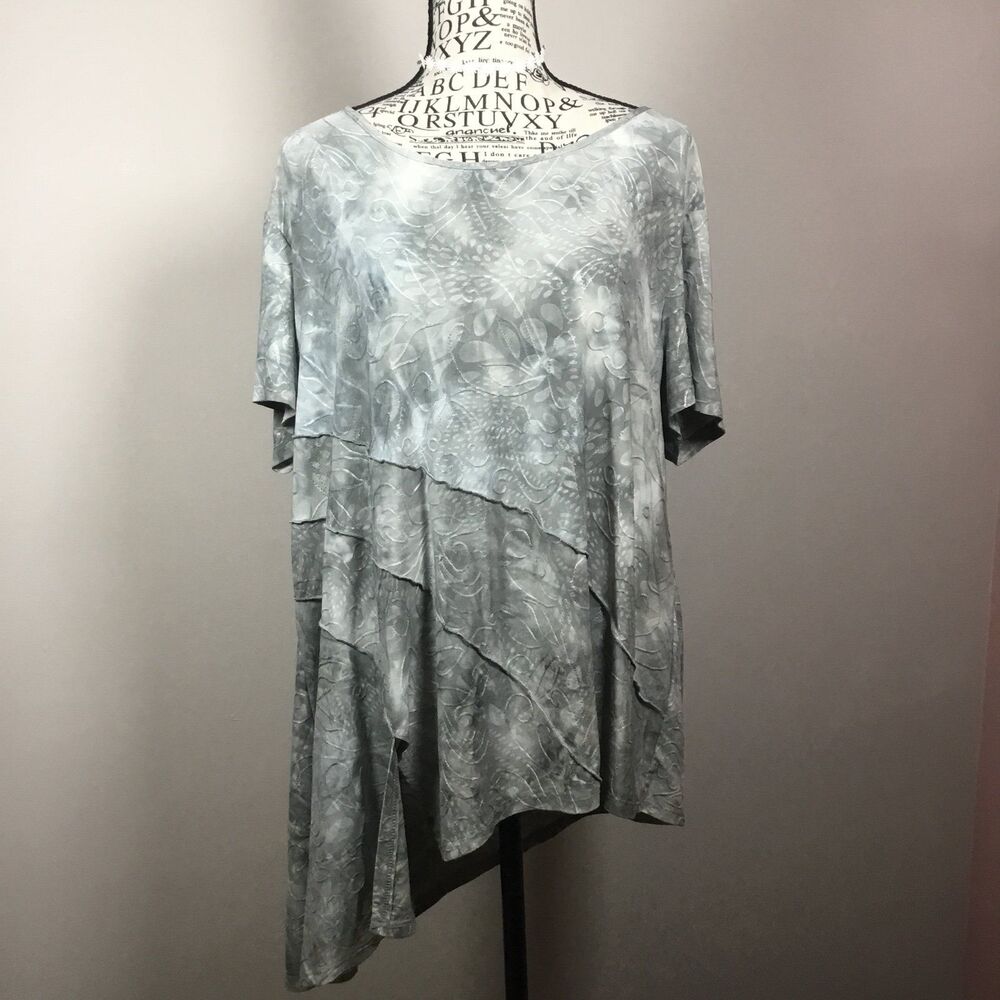 Silvery grey soft stretchy top scrolls pattern asymmetrical hem fairycore XL